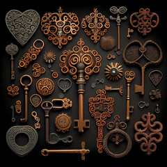 Wall Mural - Antique keys on a dark background