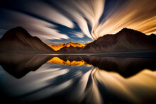 A Stunning Landscape With Reflection Of Clouds As The Sun Sets Behind Far Away Mountains.