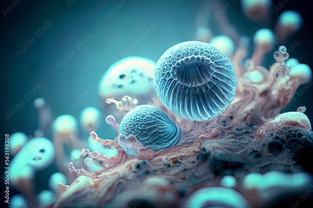 microscopic macroscopic view of alien eggs and bacterias virus in a liquid atmosphere, reworked and enhanced ai generated science fiction mattepainting
