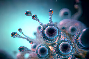 Wall Mural - microscopic macroscopic view of alien eggs and bacterias virus in a liquid atmosphere, reworked and enhanced ai generated science fiction mattepainting