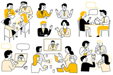 cute character doodle illustration of business people, man and woman, in meeting, speaking, speech, 