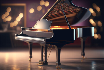 Grand piano in luxurious music room, bokeh background, generative AI