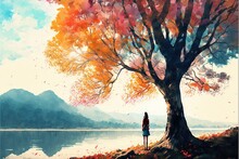 Young Woman Standing Under The Autumn Tree Looked At The Man In The Distance, Digital Art Style, Illustration Painting, Fantasy Concept Of A Woman Under The Autumn Tree