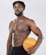 Sports person, fitness and basketball portrait of black man with orange ball for training exercise. Athlete model with strong muscle to train, workout and start competition for health and wellness