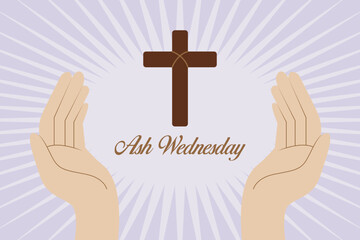 Hands with cross symbol and ash wednesday text