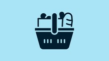 Blue Shopping Basket And Food Icon Isolated On Blue Background. Food Store, Supermarket. 4K Video Motion Graphic Animation