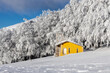 PIccola chiesa gialla in mezzo alla neve fresca sul Monte Nerone, Marche.