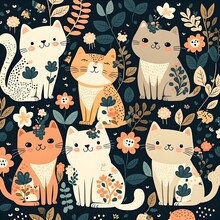 Fabric Pattern Of Cute Cats Seamless Texture Repeats Studio Ghibli Style 