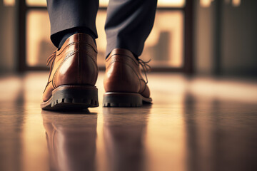 Wall Mural - Close-up at heel of the manager is wearing formal business court shoe is walking on wooden floor at working office, Businessman action. Generative Ai image.