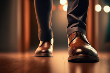 Close-up at a businessman feet which is wearied the formal business court shoe is walking on wooden floor of working office. Generative Ai image.