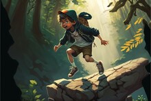 A Kid Jumping Down From A Rock In The Forest, Digital Art Style, Illustration Painting, Fantasy Concept Of A Kid Jumping From A Rock