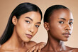 Skincare, beauty and face portrait of women friends in studio for dermatology, makeup and cosmetics. Asian and black person together for skin glow, spa facial and body wellness with luxury shine