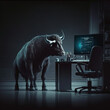 business bull, works at computer, stock market, Generative AI