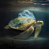 Fototapeta  - Plastic pollution in ocean environmental problem. Turtle eat plastic bags mistaking them for jellyfish. Generative AI