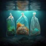 Fototapeta Fototapety z morzem do Twojej sypialni - dirty plastic bags with garbage in the water, generative ai illustration