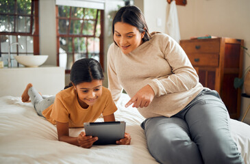 Poster - Pregnant mother, child and tablet pointing online for distance learning in home bedroom. Smile of kid and woman family together for pregnancy development, education and support on mobile app