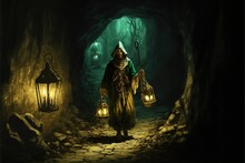 Man With A Lantern Explores The Ancient Cave Of Darkness, Digital Art Style, Illustration Painting, Fantasy Concept Of A Man With Lantern In A Cave