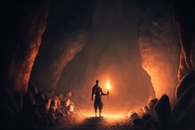 Man With A Lantern Explores The Ancient Cave Of Darkness, Digital Art Style, Illustration Painting, Fantasy Concept Of A Man With Lantern In A Cave