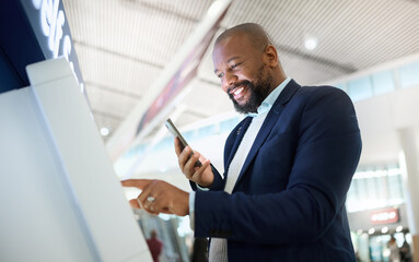 Aufkleber - Check in, email and black man with a phone for travel information, communication and connection. Contact, happy and businessman typing on a machine with an app on a mobile at the airport for a trip