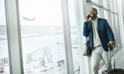 Aufkleber - Businessman, phone call and luggage waiting at airport for travel, work trip or plain journey to country. Happy black man, employee or person with smile for communication before flight on smartphone