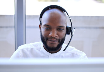 Poster - Black man, face and headset in call center, contact us with CRM and phone call with client and focus. Communication, customer service with telemarketing and tech support, businessman on help desk