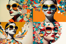 Fashion Girl Wearing Sunglasses. 60s Retro Style Paper Collage Illustration, Generative AI
