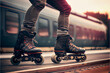 © PaulShlykov - Man legs on roller skates at summer. Inline skates sport conceptual image.