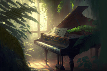 a realistic 3d illustration of a piano in a room with sunlight and plants
