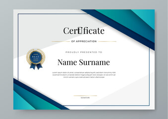 Modern elegant certificate template with blue and turquoise color gradient. Certificate of achievement template with badge and border. Business award design template