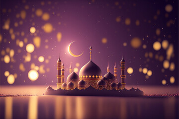 3d ramadan kareem islamic background with mosque moon and stars, generative ai