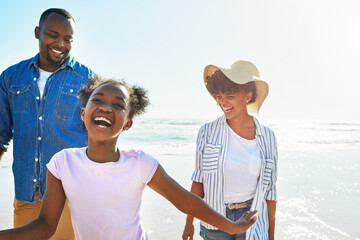 Poster - Relax, travel and happy with black family at beach for summer break, support and tropical vacation. Peace, smile and happiness with parents and daughter playing by the ocean for freedom, sea and care