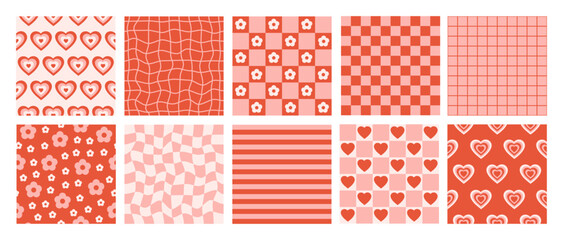 Wall Mural - Groovy set romantic seamless patterns in retro style 60s, 70s. Trendy vector background. Red and pink colors