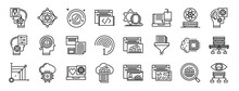 Set Of 24 Outline Web Data Analytics Icons Such As Hacking, Automated Engineering, Single, Programming Language, Research Center, Data Synchronization, Data Science Vector Icons For Report,