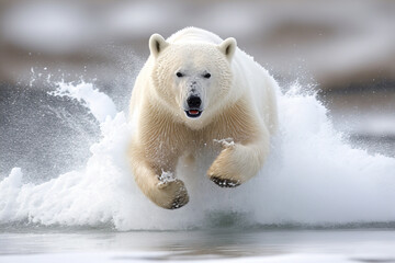 White polar bear runs into the camera on the water. Generative AI