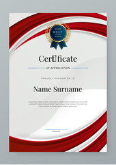 Modern elegant certificate template with red and white color gradient. Certificate of achievement template with badge and border. Business award design template