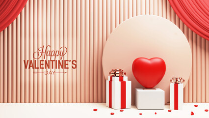 Canvas Print - 3D Render, Wooden Wall Panels With Red Curtains, Circular Frame, Gift Boxes And Glossy Heart Stand On Podium. Happy Valentine's Day Concept.