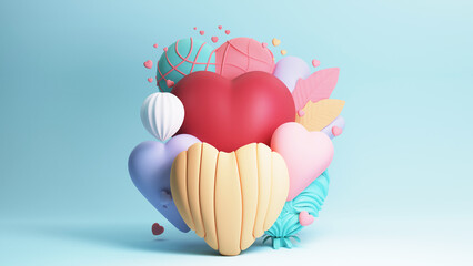 Canvas Print - 3D Render, Clay Modeling of Glossy Heart Shapes And Abstract Object.