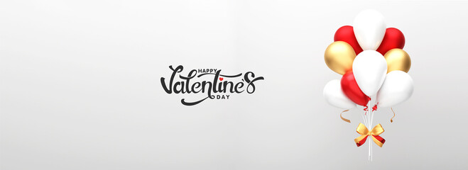 Poster - Happy Valentine's Day Font With Glossy Realistic Balloons Tied With Ribbon On Light Gray Background.