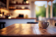 Leinwandbild Motiv .背景素材:木目テーブルとカフェ店内のディスプレー背景