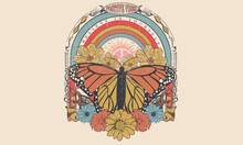 Butterfly Graphic Print Design. Flower Retro Artwork. Positive Vibes T-shirt Design.