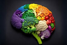 Human Brain Made Of Variety Of Colorful Vegetables, Concept Of Vegetarian, Vegan, Healthy Nutrition, Created With Generative AI Technology
