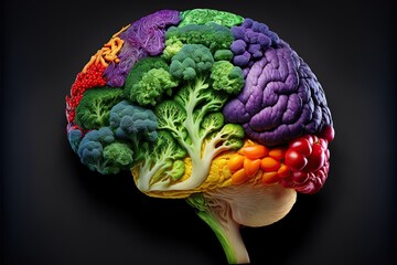 Wall Mural - Human brain made of variety of colorful vegetables, concept of vegetarian, vegan, healthy nutrition, created with Generative AI technology