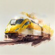 Watercolour yellow speed trains. Modern intercity passenger train. Railroad background for travel card, advertising, banner. 