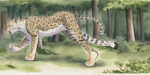 Wall Mural - A beautiful painted watercolor aquarel of a Leopard character in its natural habitat