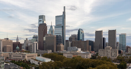 Wall Mural - Philadelphia City Center and Business District Skyscrapers. Pennsylvania. Cloudy Blue Sky. Philadelphia Downtown.