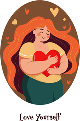 Canvas Print - Vector Illustration of Young Girl Character Hugging A Red Heart On Brown Background For Love Yourself.