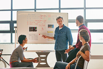 Presentation, whiteboard and meeting with business people for planning, idea and review. Data analytics, feedback and leadership with ceo coaching employee for innovation, strategy and web designer