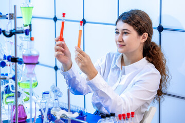 Poster - laboratory assistant test tubes in a chemical laboratory