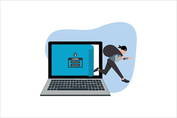 Cyber thief, hacker, get out of the door with a bag of personal information on computer or laptop. Cyber security and crime concept. Vector illustration of flat design people cartoon character.