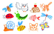 Felt Pen Childlike Drawing Illustration Set Of Cute Animals And Insects Characters